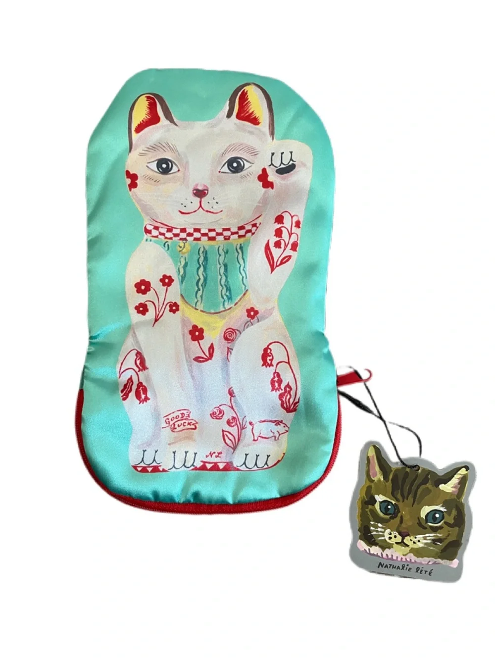 Nathalie Lete! Zipper satin fabric pouch. Good luck cat! Brand New!